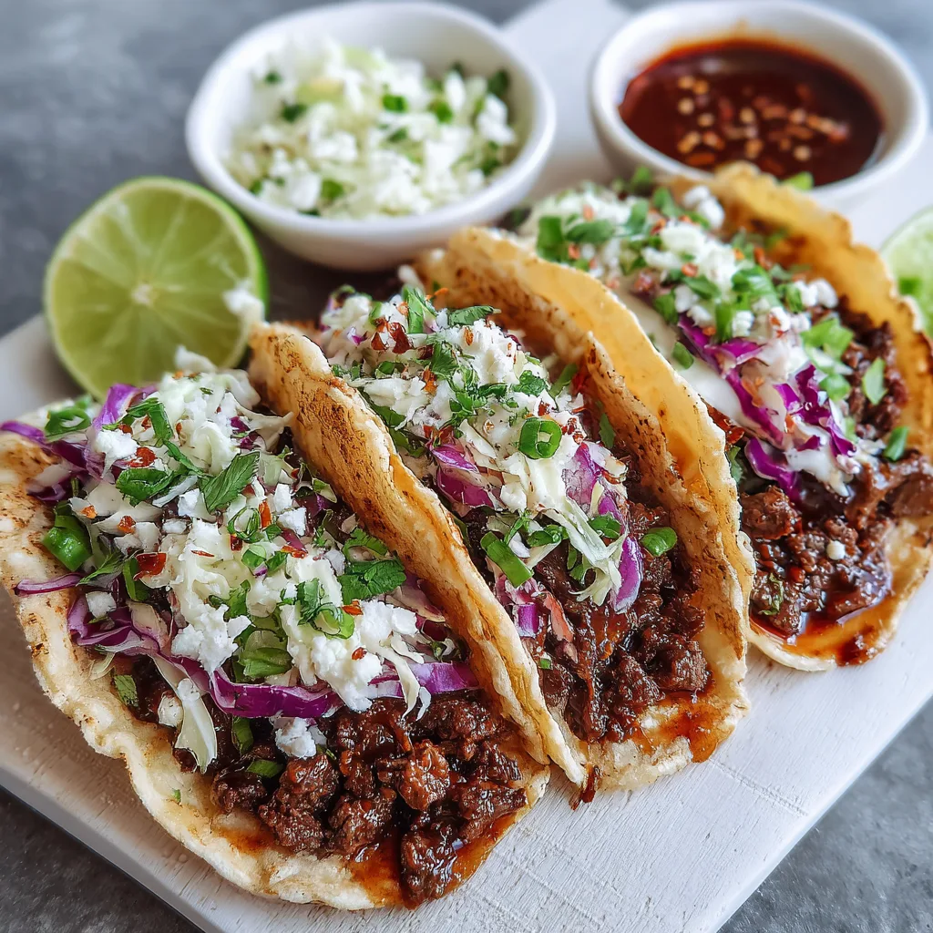 Flat lay of taco toppings bar with BBQ beef, shredded cheese, lettuce, diced tomatoes, taco shells, and lime wedges.