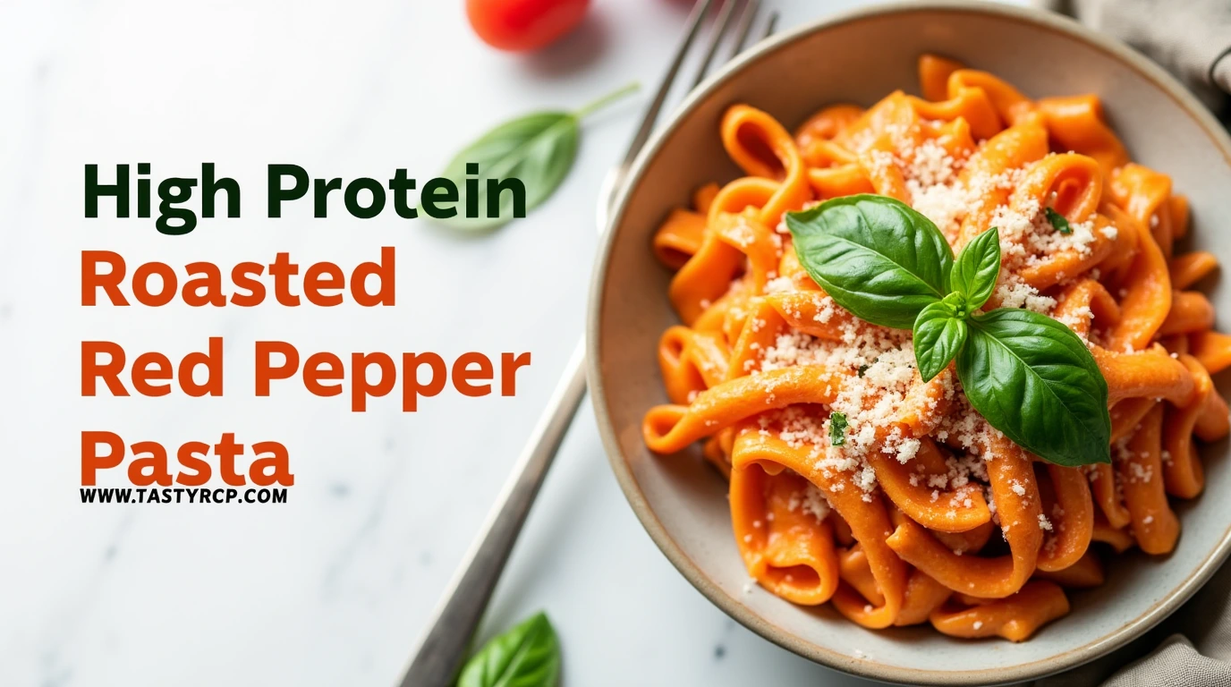 Bowl of high protein creamy roasted red pepper pasta topped with parmesan and fresh basil, with recipe title and blog URL on a clean white background.