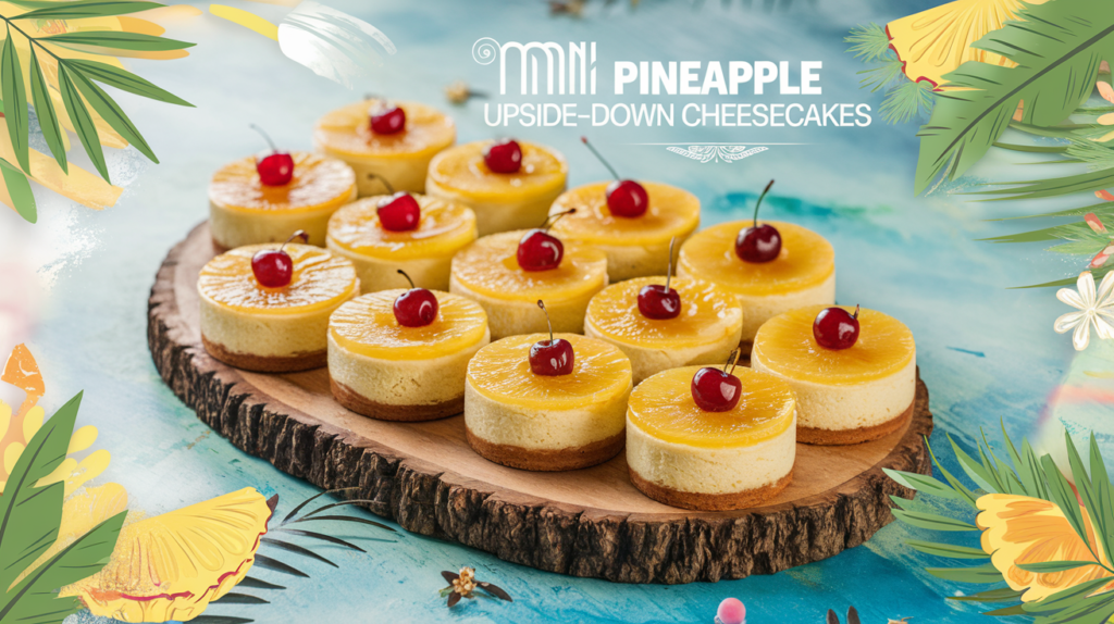 Mini Pineapple Upside-Down Cheesecakes topped with caramelized pineapple and cherry on a white plate.