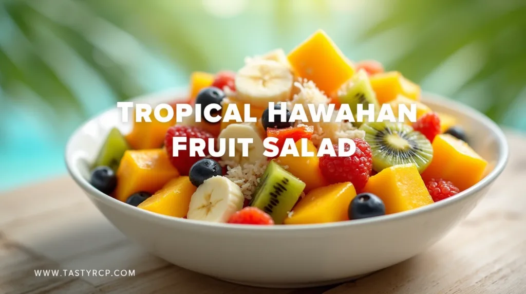 A vibrant bowl of Tropical Hawaiian Fruit Salad featuring fresh pineapple, mango, kiwi, papaya, bananas, and shredded coconut, styled on a rustic wooden table with tropical leaves in the background. The text "Tropical Hawaiian Fruit Salad" is centered on the image, with "WWW.TASTYRCP.COM" displayed in the bottom corner.