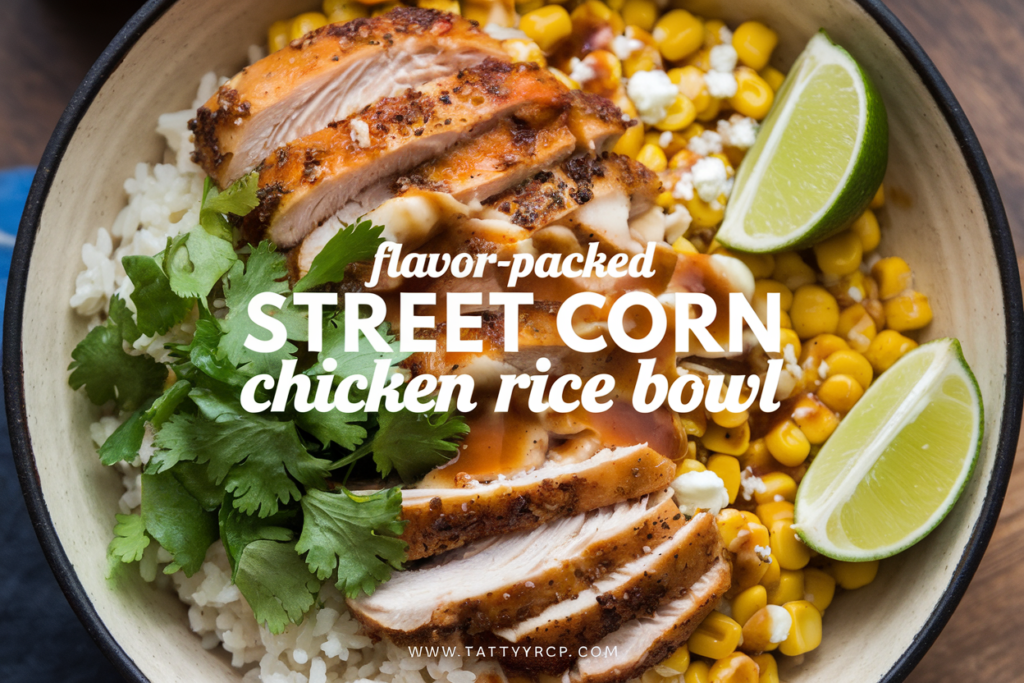 Flavor-Packed Street Corn Chicken Rice Bowl is creamy, spicy, and loaded with bold flavors. Make this easy meal today!