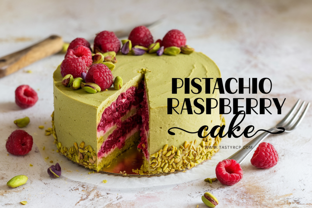 This Pistachio Raspberry Cake is a fruity, nutty dream! A beautiful and easy cake recipe that’s perfect for gatherings. Save it now!