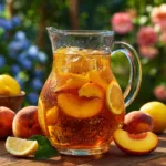 Crown Royal Peach Tea cocktail in a tall glass with peach slice garnish on a wooden porch table at sunset