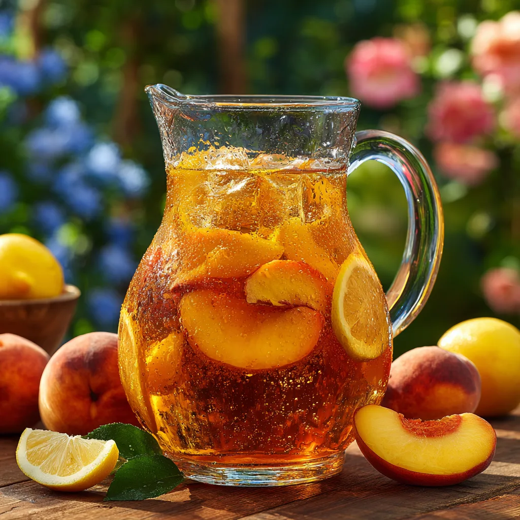 Crown Royal Peach Tea cocktail in a tall glass with peach slice garnish on a wooden porch table at sunset