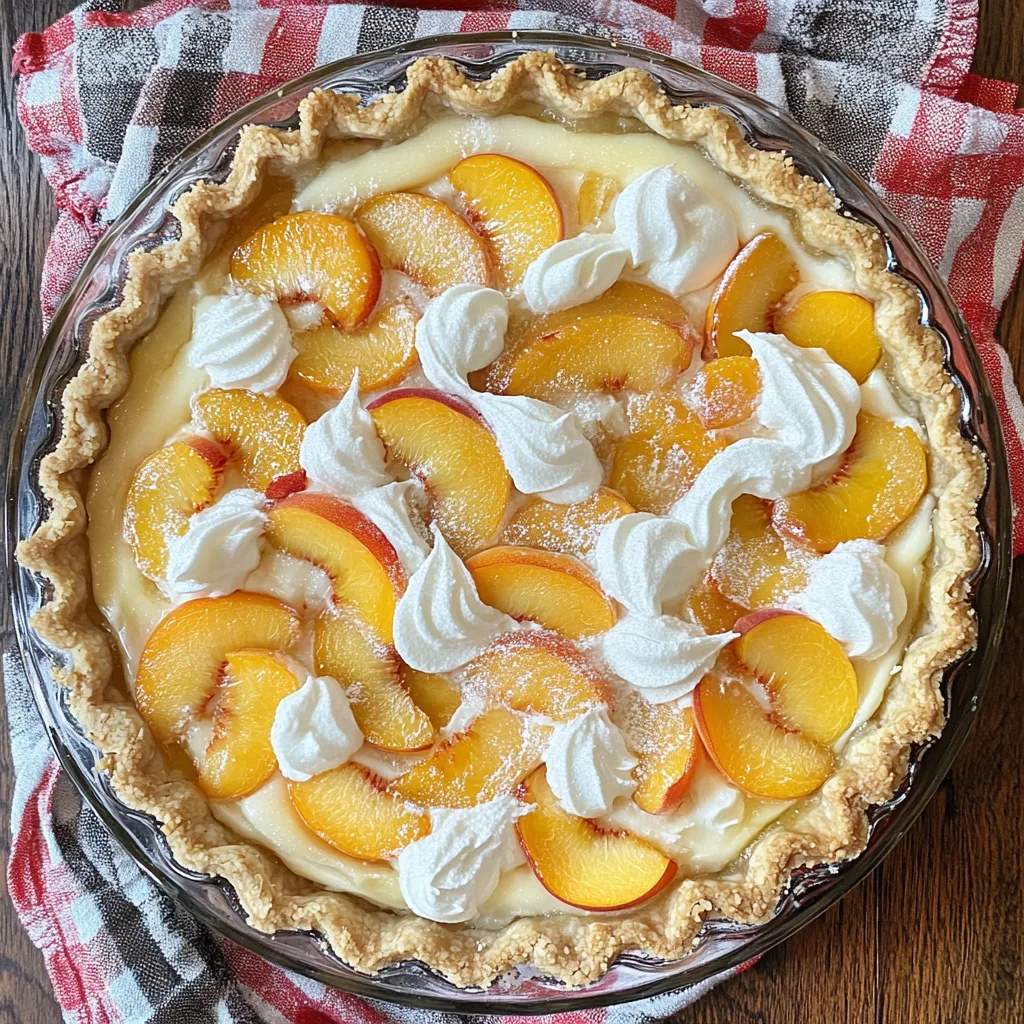 Peaches and cream pie with fresh peach slices and creamy filling