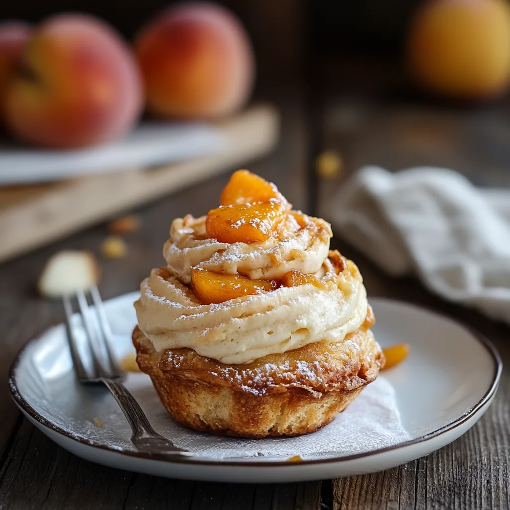 Flaky peach cruffin with fresh peaches and powdered sugar