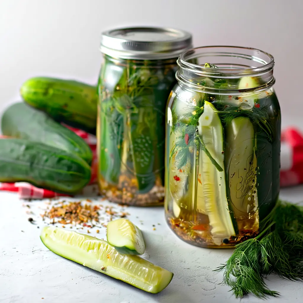 Crunchy dill pickles in a bowl with garlic and dill seeds