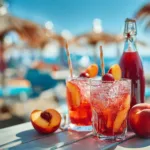 Glass of Royal Peach Cocktail topped with fresh mint leaves and peach slices