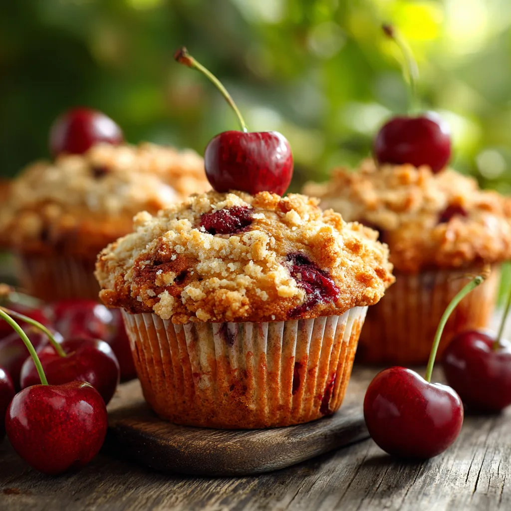 Fresh cherry muffins with streusel on a rustic table