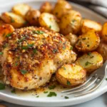 Garlic Parmesan chicken and roasted potatoes served on a white plate