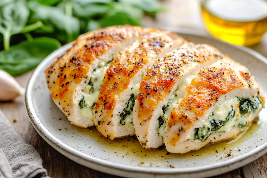 Golden seared chicken breast sliced open with creamy spinach and cheese filling, served on a white plate.