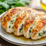 Golden seared chicken breast sliced open with creamy spinach and cheese filling, served on a white plate.