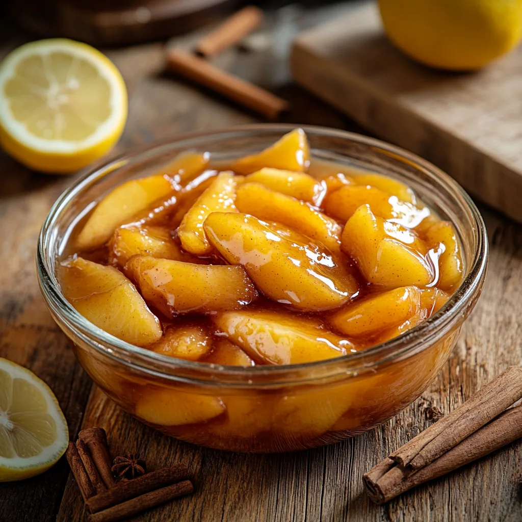 Freshly made peach pie filling in a glass bowl on a rustic wooden kitchen counter