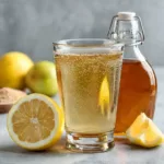 Healthy apple cider vinegar, lemon, and baking soda drink bubbling in a glass with lemon slices and vinegar bottle.