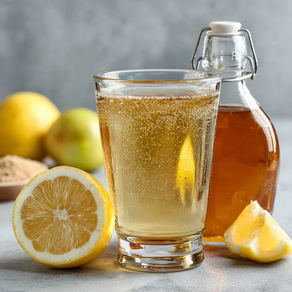 Healthy apple cider vinegar, lemon, and baking soda drink bubbling in a glass with lemon slices and vinegar bottle.