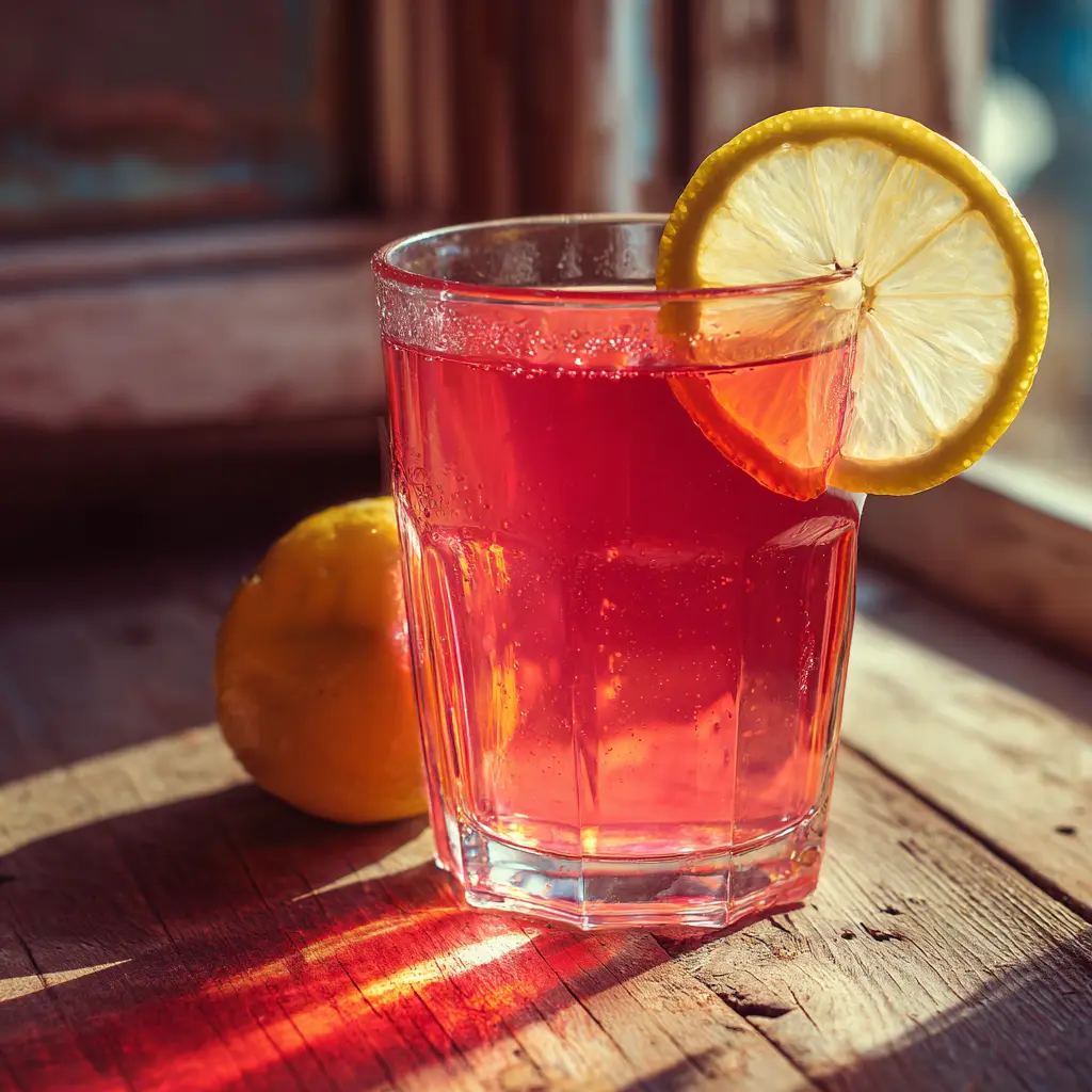 Vibrant pink apple cider vinegar drink with lemon slice on wooden table