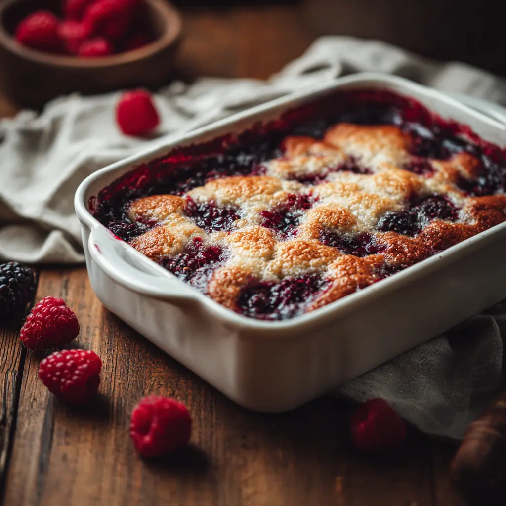 Freshly baked black raspberry cobbler in a white ceramic baking dish on a wooden table.