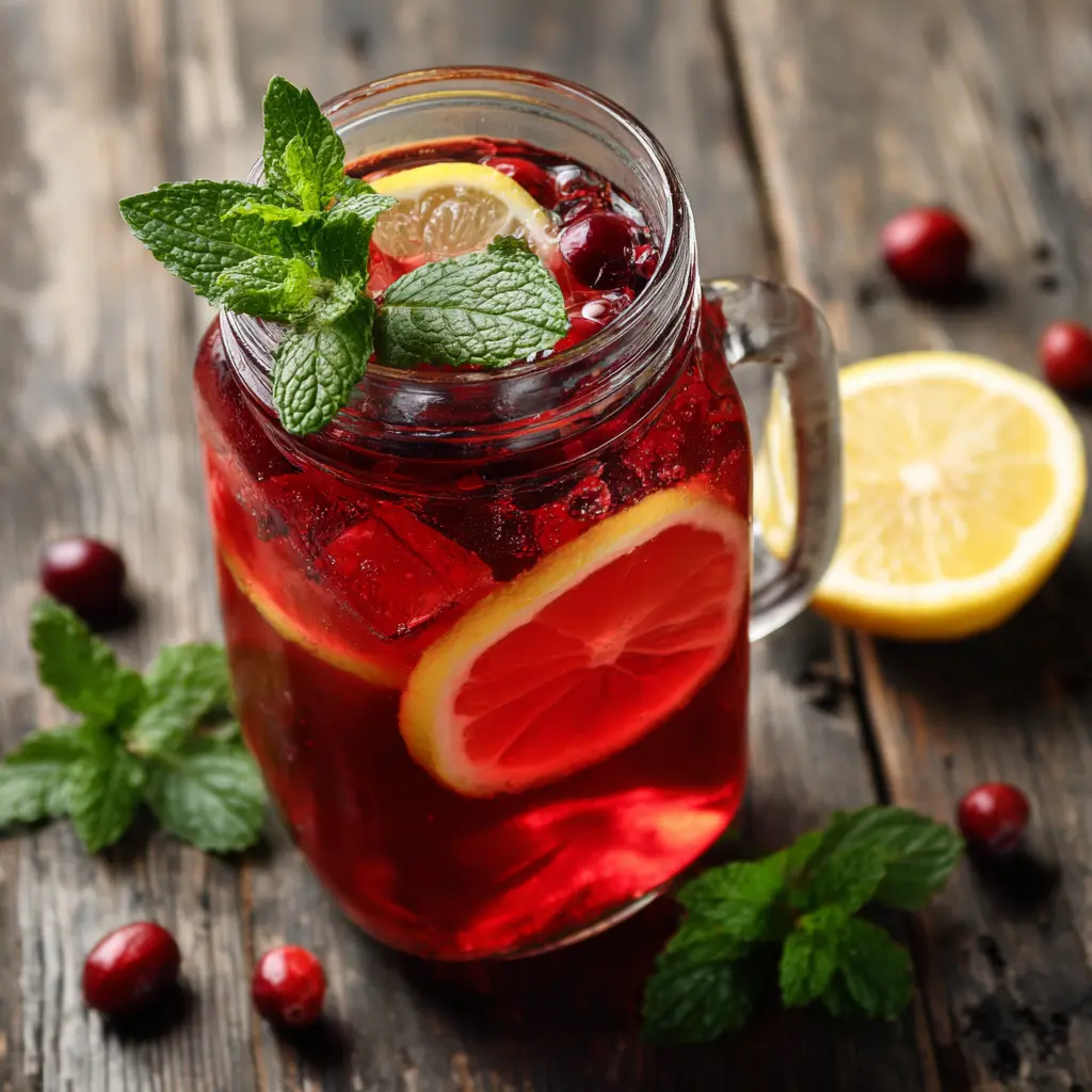 A vibrant cranberry detox drink with apple cider vinegar served in a mason jar with lemon slice and mint