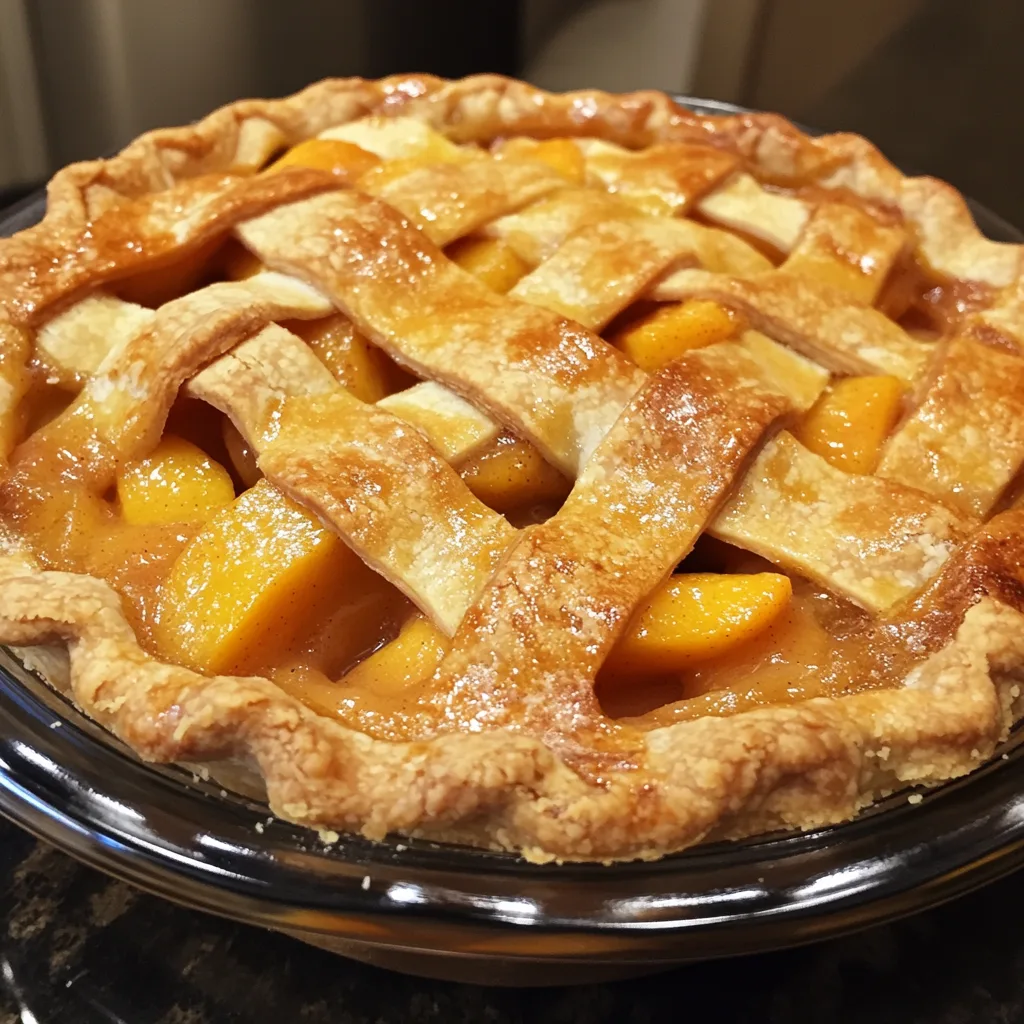 Freshly baked Amish peach pie with flaky Authentic Amish Peach Pie Recipe : crust and ripe peach filling on a wooden table
