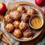 Golden brown baked apple fritters on a rustic white plate with glaze, set on a wooden table.