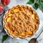 Juicy Easy Peach Pie with golden crumble topping in a ceramic dish