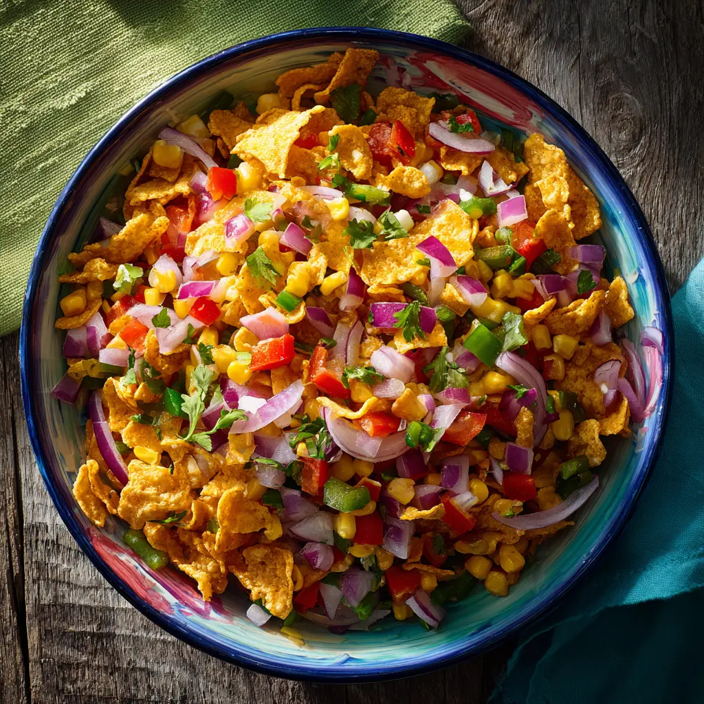 Picnic table setup featuring Fritos corn salad and BBQ food