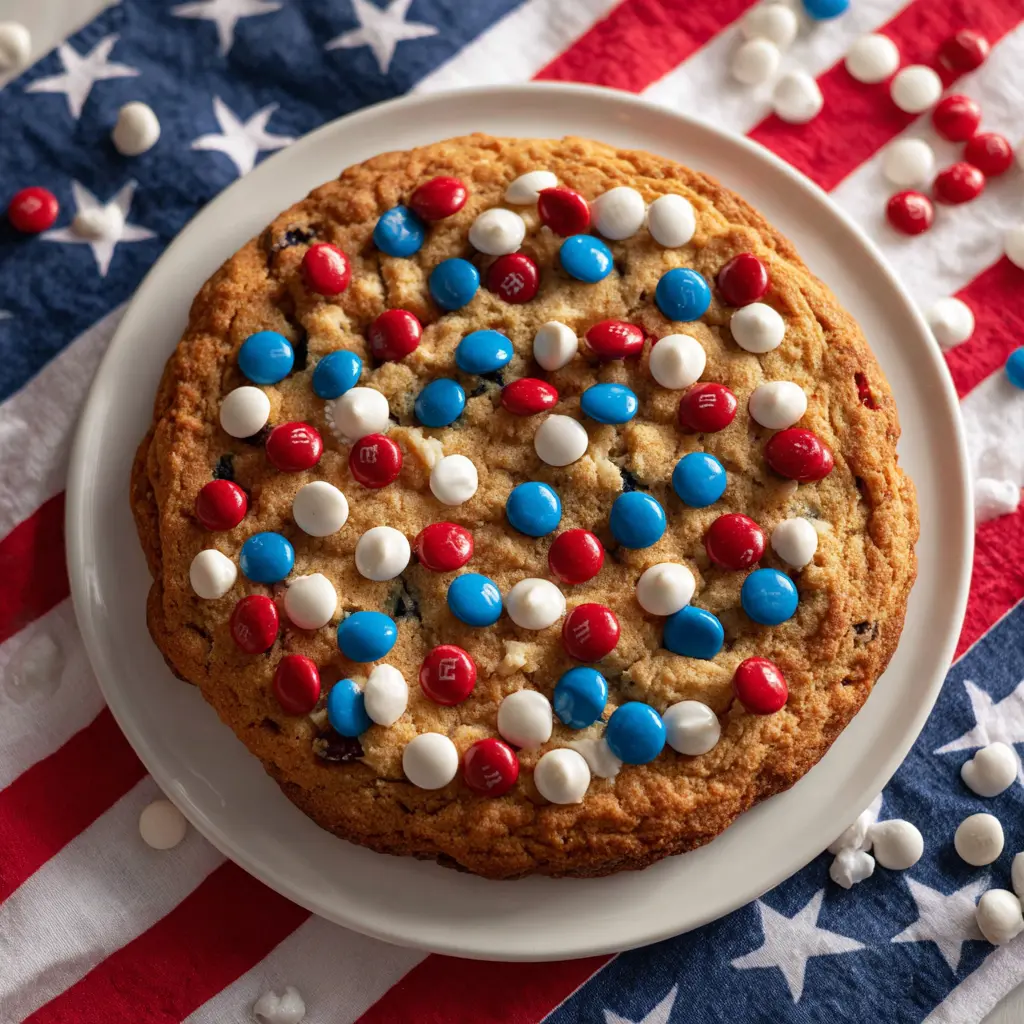 Festive dessert table with patriotic cookie cake and decorations