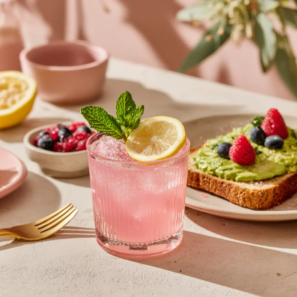 A glass of pink salt lemon water with lemon slice and gold spoon on a white marble surface