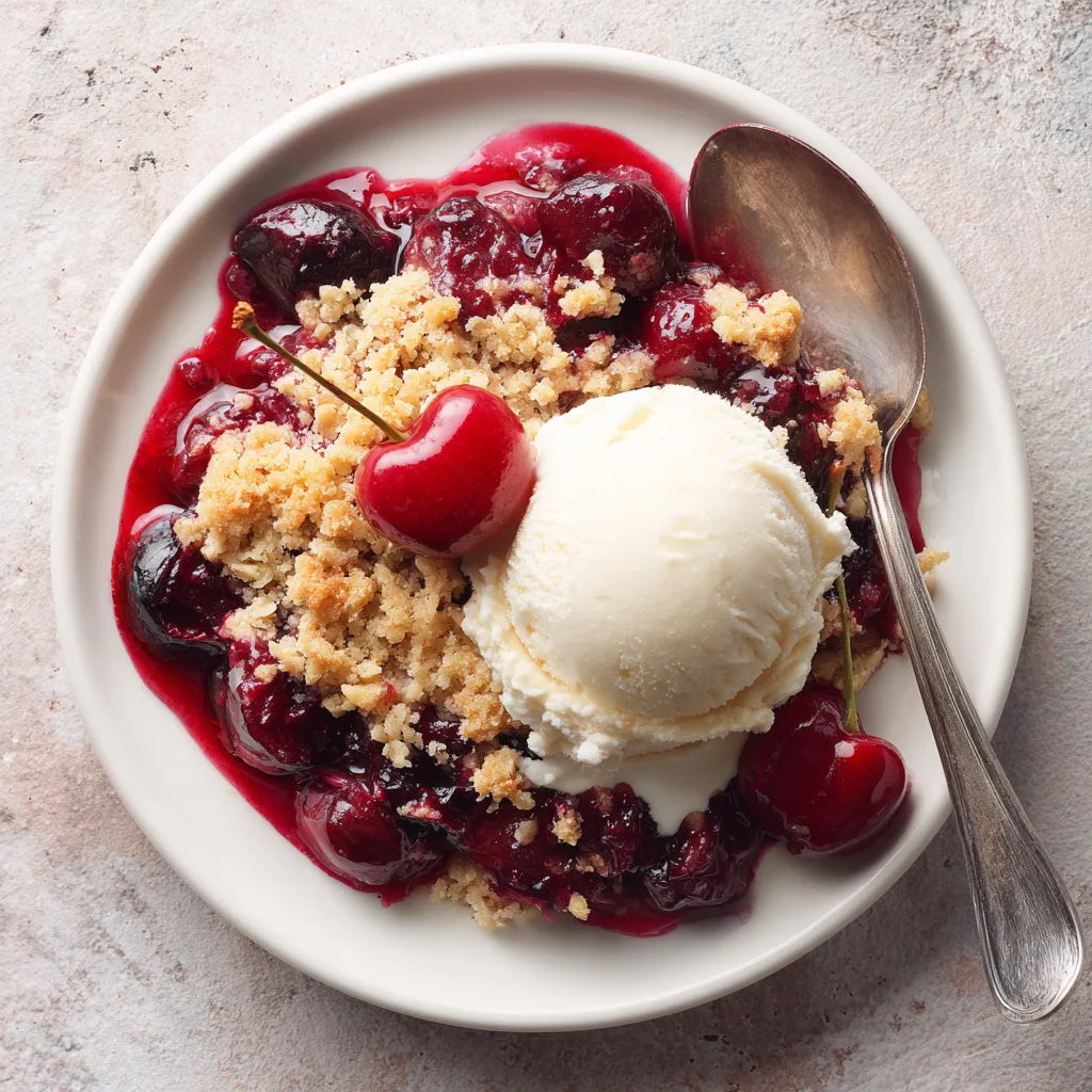 Cherry crumble in a ceramic dish with golden topping and juicy filling