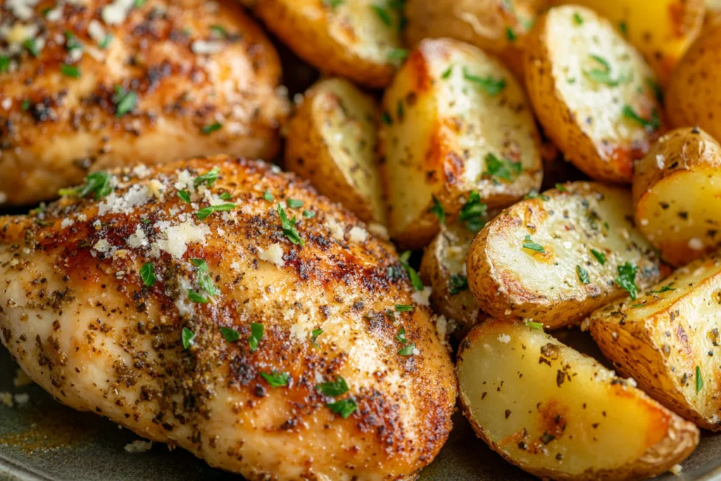 One-pan garlic Parmesan chicken and crispy potatoes on a baking sheet