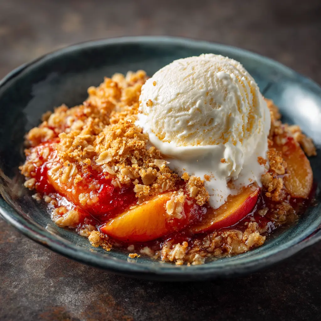 Warm vanilla nectarine crisp in a rustic dish with melting vanilla ice cream