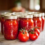 Woman canning tomatoes with herbs and lemon juice in rustic kitchen