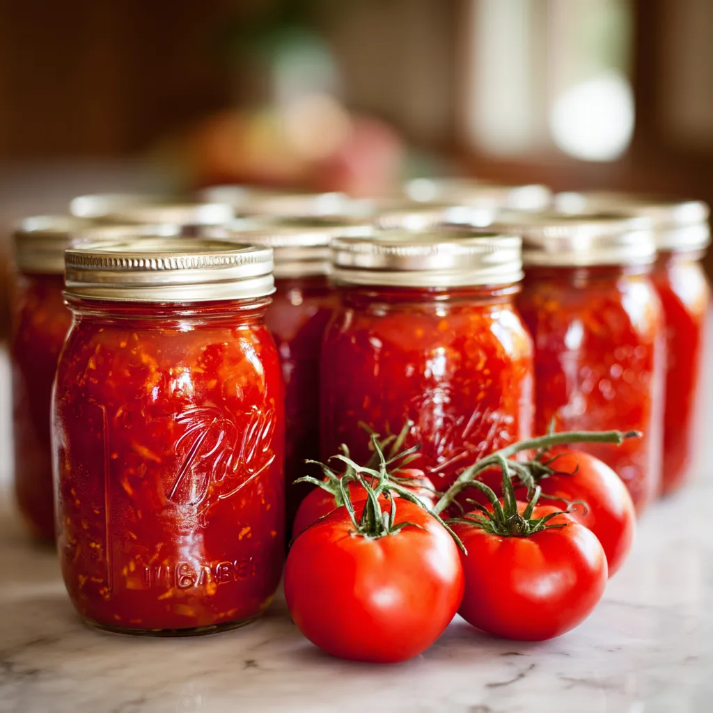 Woman canning tomatoes with herbs and lemon juice in rustic kitchen