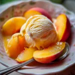 Bowl of homemade peach sorbet with mint garnish in a summer setting.