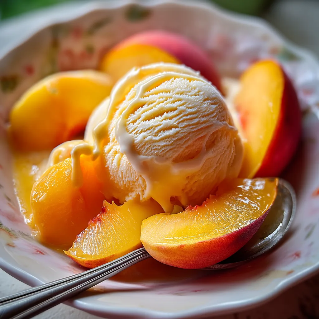 Bowl of homemade peach sorbet with mint garnish in a summer setting.