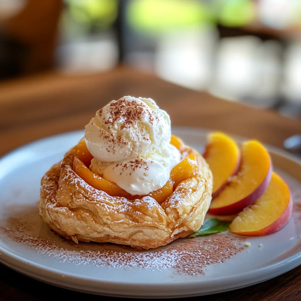 Freshly baked peach pie cruffins dusted with powdered sugar on a parchment-lined tray