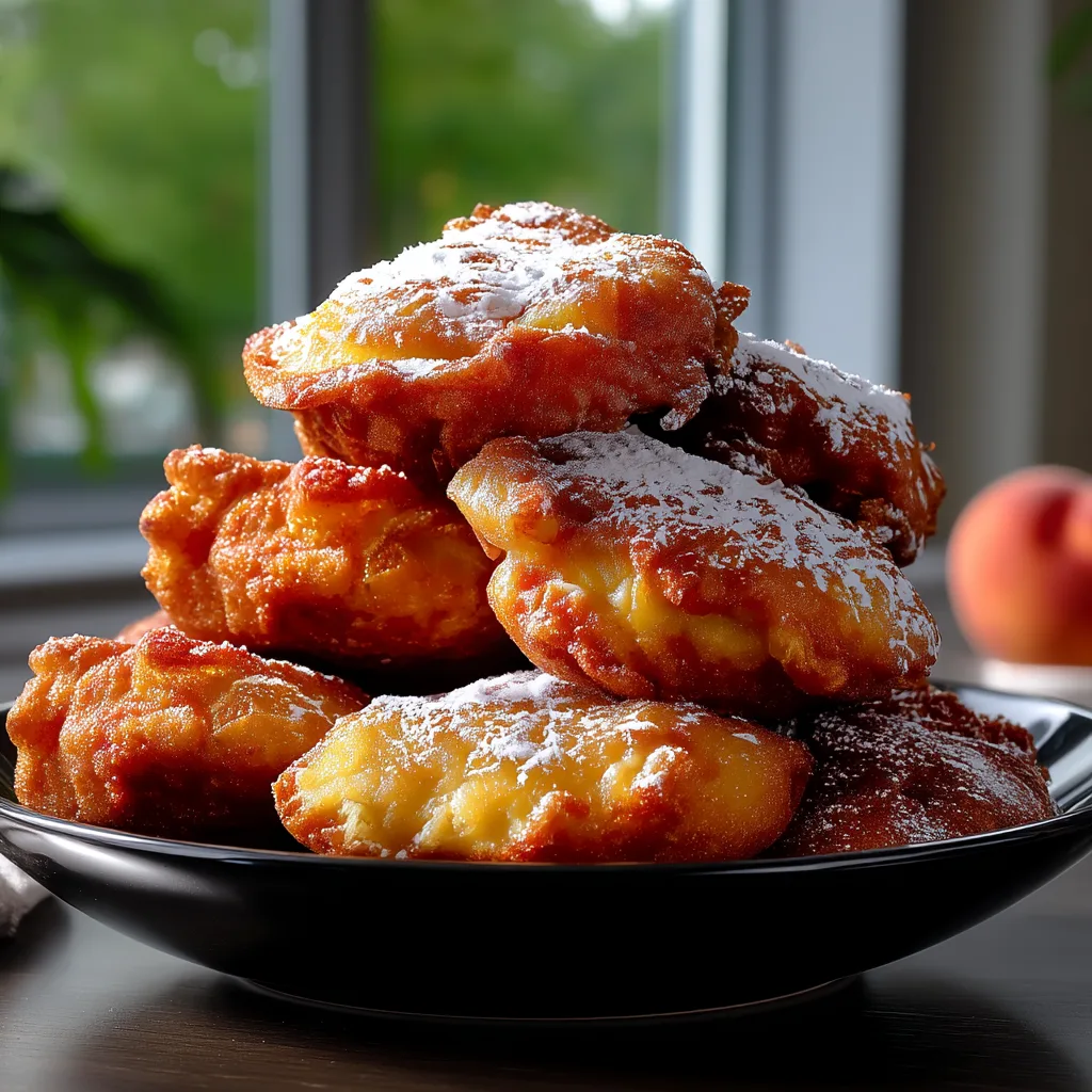 Golden brown peach fritters on a white plate with fresh peaches and cinnamon.