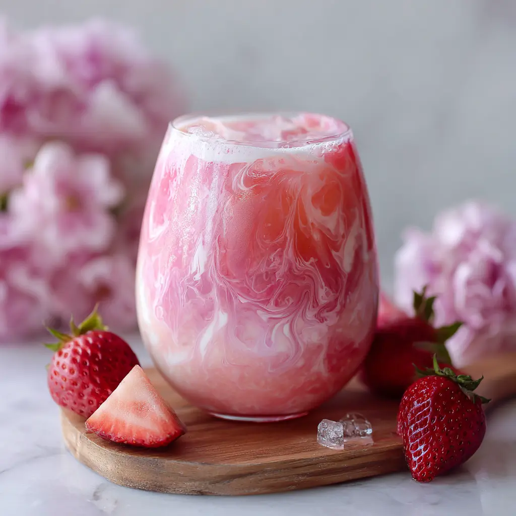 Refreshing pink drink made with strawberries and coconut milk in a glass with ice