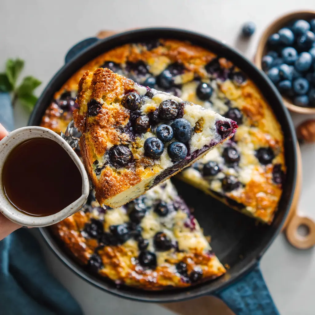 Golden blueberry buttermilk pancake casserole baked in a white dish, topped with syrup