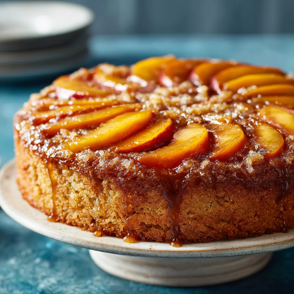 A rustic brown sugar peach cake served in a vintage kitchen setting.