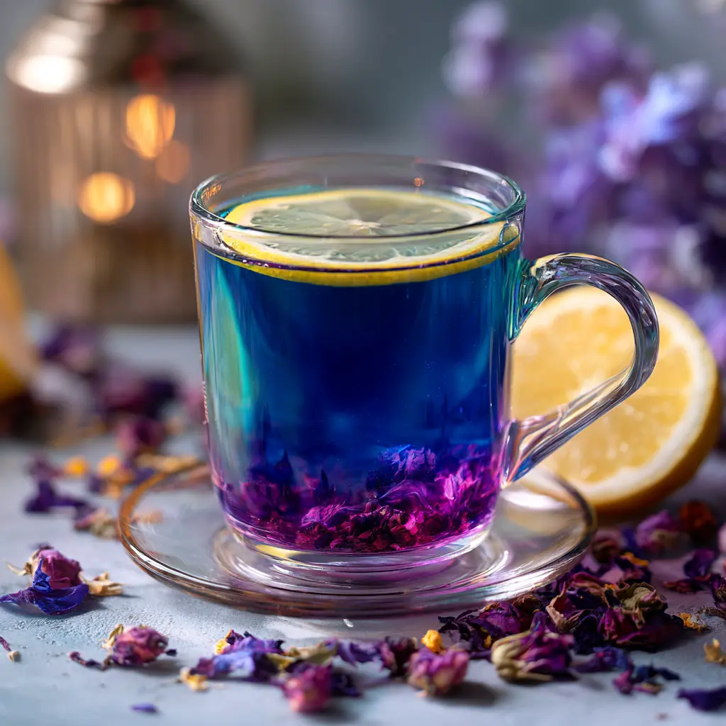Butterfly Pea Flower tea steeping in a glass teapot with lemon, honey, and mint on a rustic tray