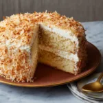 A fluffy slice of coconut cloud cake topped with toasted coconut