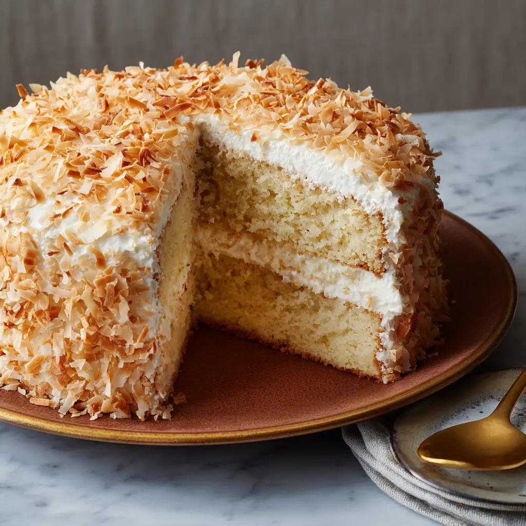 A fluffy slice of coconut cloud cake topped with toasted coconut