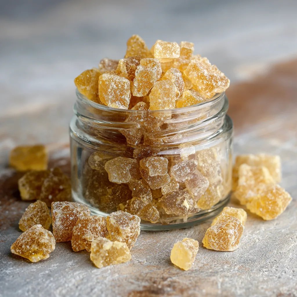 Homemade crystallized ginger slices cooling on a wire rack, coated in sugar crystals