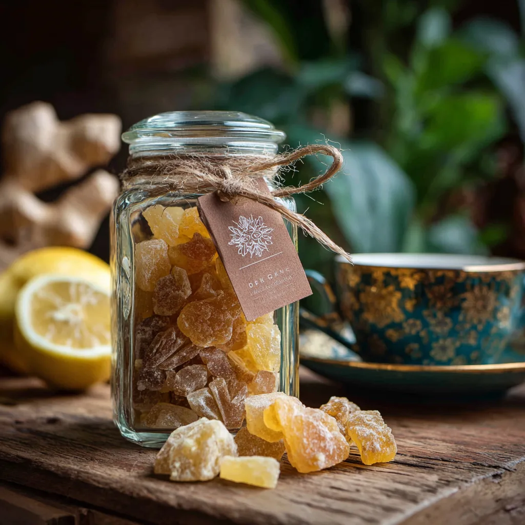 Glass jar of homemade crystallized ginger tied with twine and a label