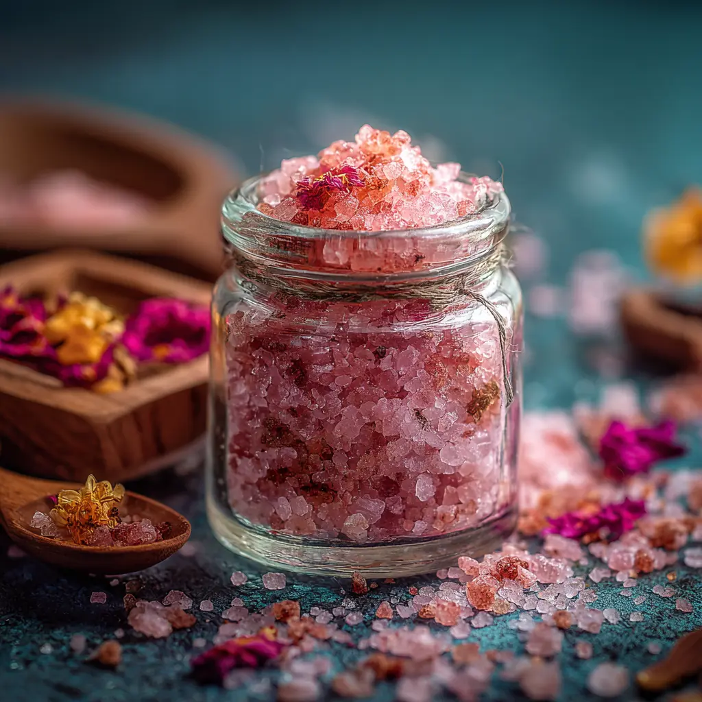 A small bowl of pink Himalayan salt surrounded by lemon slices and fresh parsley on a rustic wooden table
