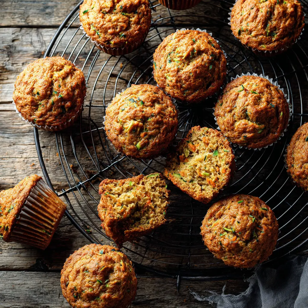 Freshly baked carrot zucchini muffins on a wire rack