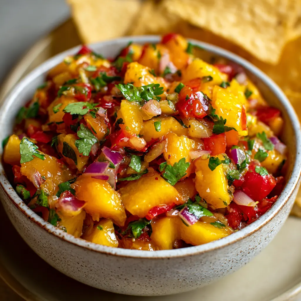 Bowl of vibrant peach salsa with lime wedges and tortilla chips