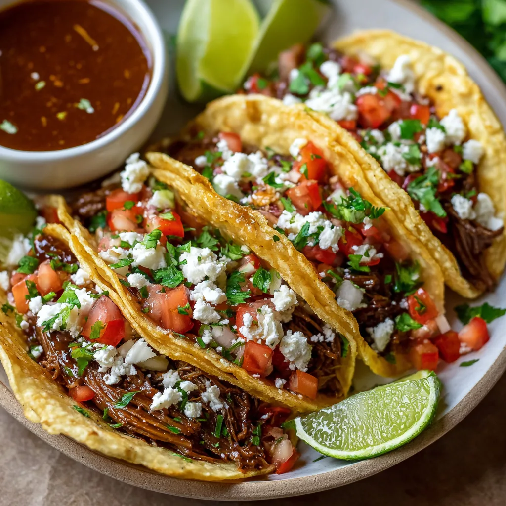 Rustic wooden board with Garlic Butter Honey BBQ Beef Tacos, topped with lettuce, tomatoes, and cheese, served with lime wedges.