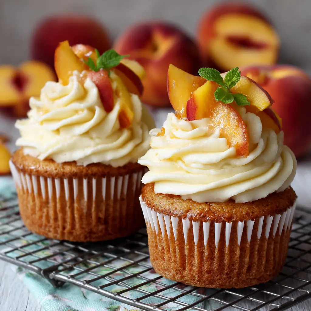 Honey peach cupcakes with cream cheese frosting on a vintage floral plate